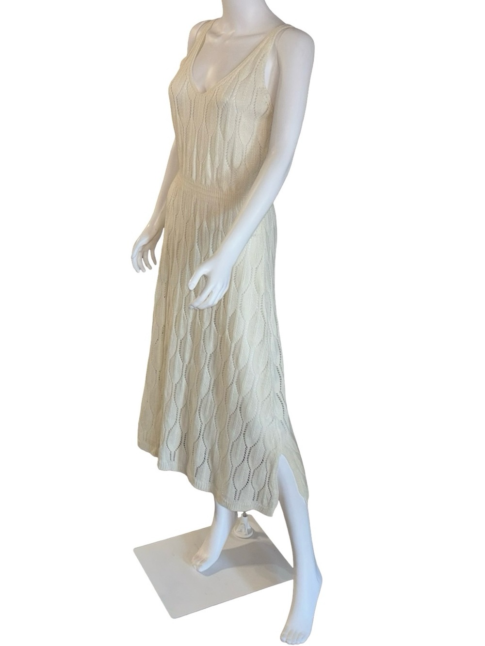 Cream Boho Pointelle Knit V-Neck Midi Dress Sleeveless Leaf Pattern Off White XL